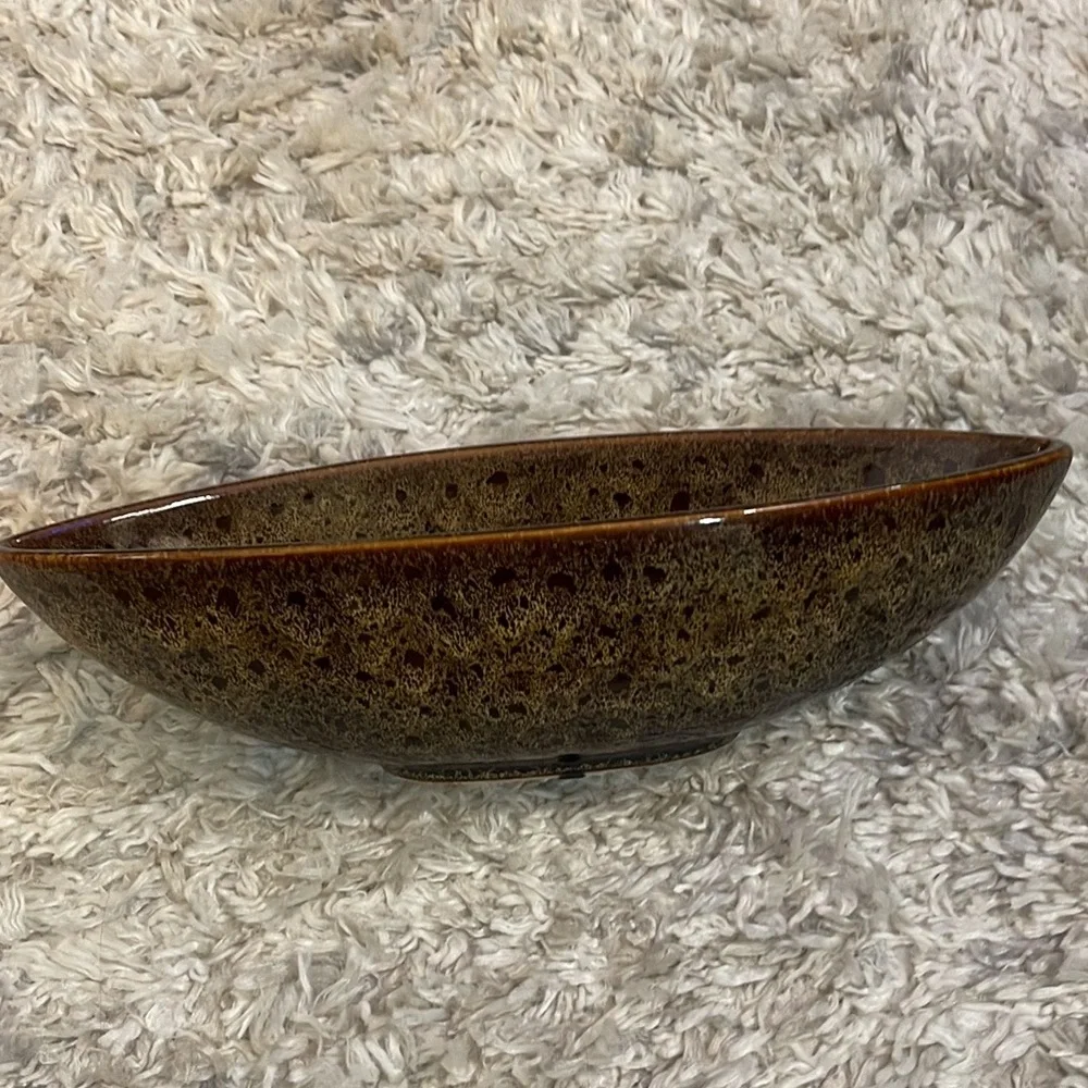 14” Ceramic Boat Bowl Oval Decorative Peacock‎ Feather Brown Red Maroon Tan